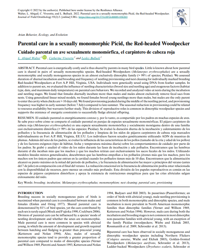 Screenshot of cover page for work titled Parental care in a sexually monomorphic Picid, the Red-headed Woodpecker